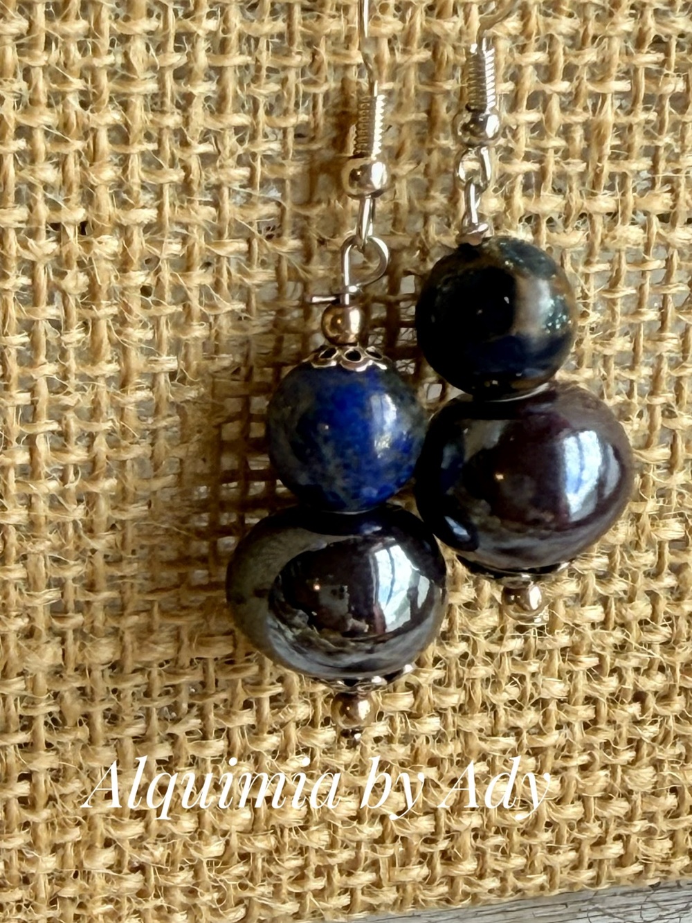 Blue lapis and Hematite color Double Bead Drop Earrings
